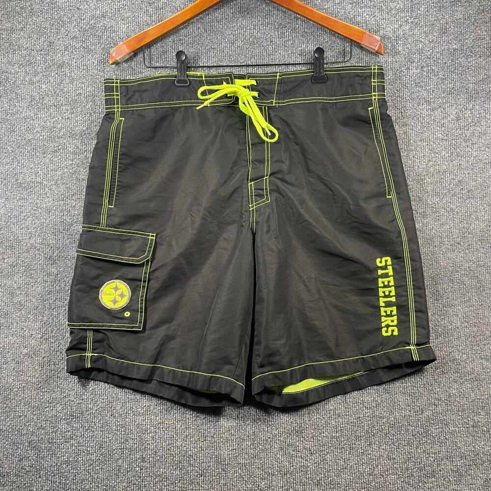NFL Pittsburgh Steelers Swim Shorts Men's Large Black/Green Lined Drawstring